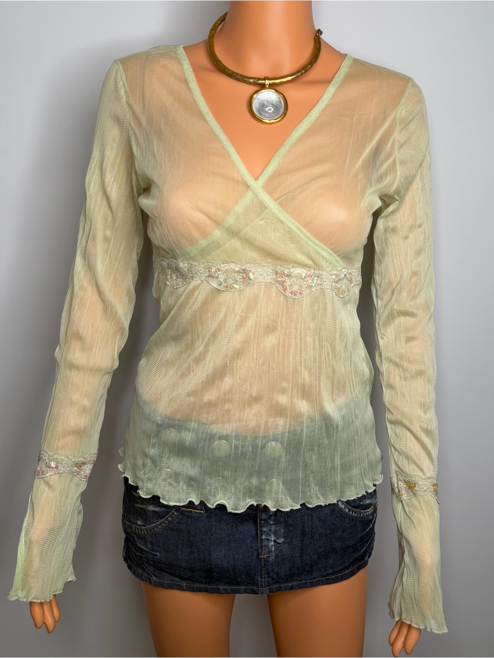 Cache Cache Y2K Sage Green Sheer Mesh Crossover Top Sequin Fairy